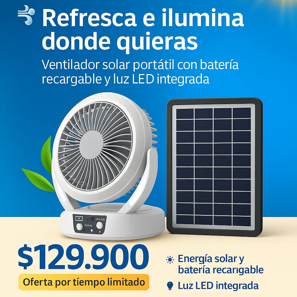 Ventilador Solar Portátil con Luz LED, Bombillo y Powerbank | Tecnotodo