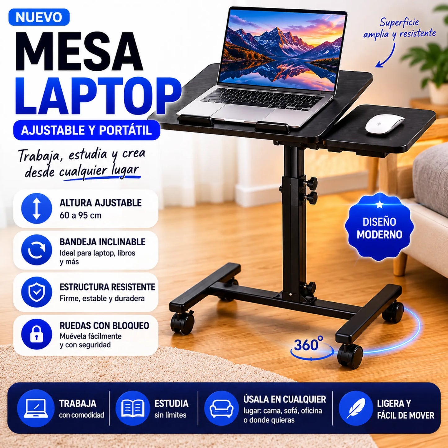 Mesa Ajustable con Ruedas y Bandeja para Mouse | Ajustable en Altura e Inclinación
