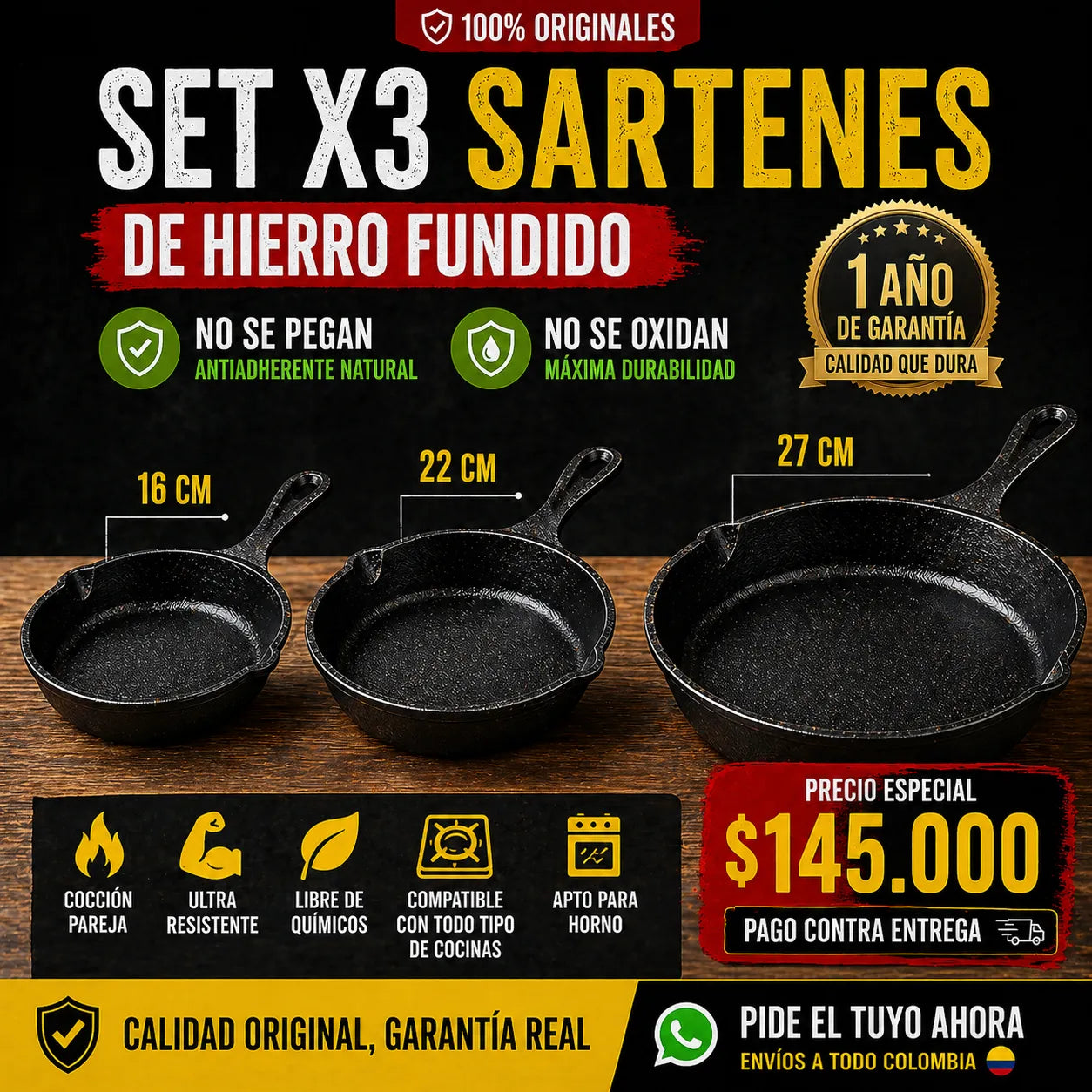 3 Sartenes de HIERRO FUNDIDO de 27 -22 -16 Centímetros | GRAN LIQUIDACIÓN