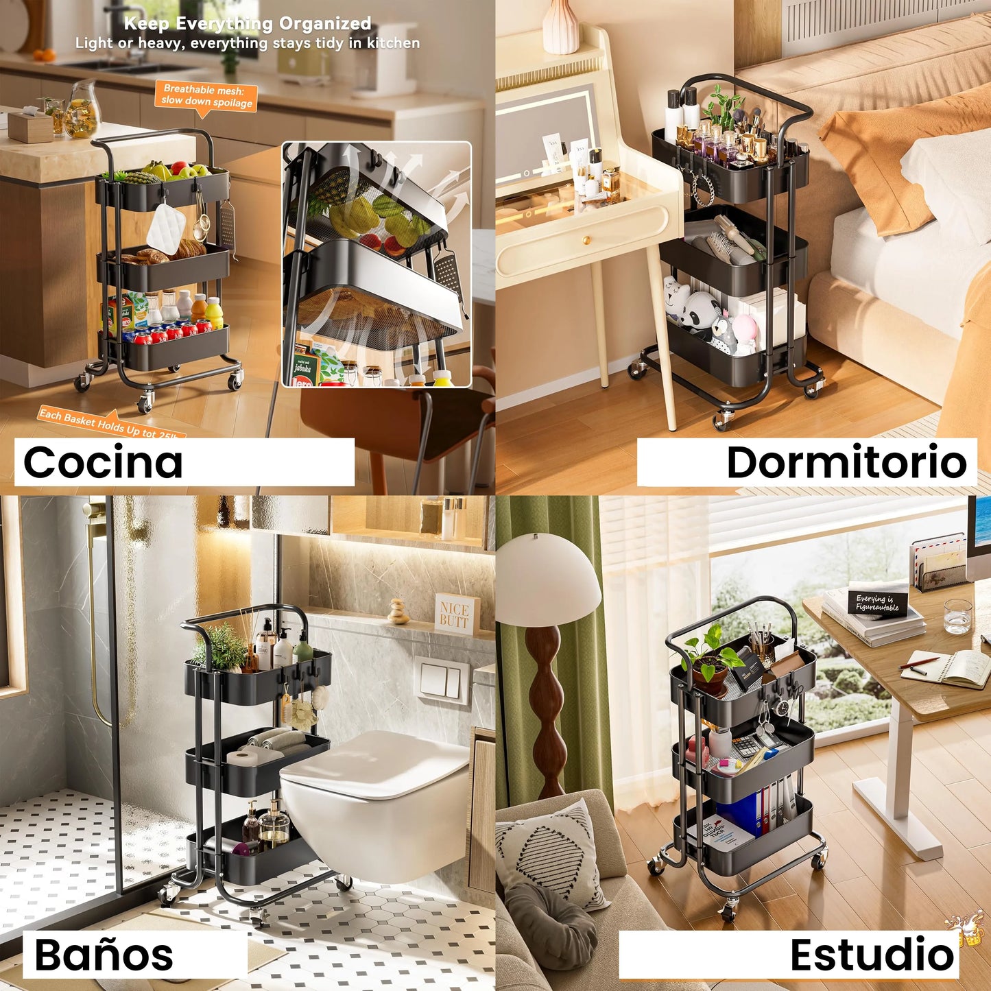 Carrito Estante Organizador 3 niveles Multiusos